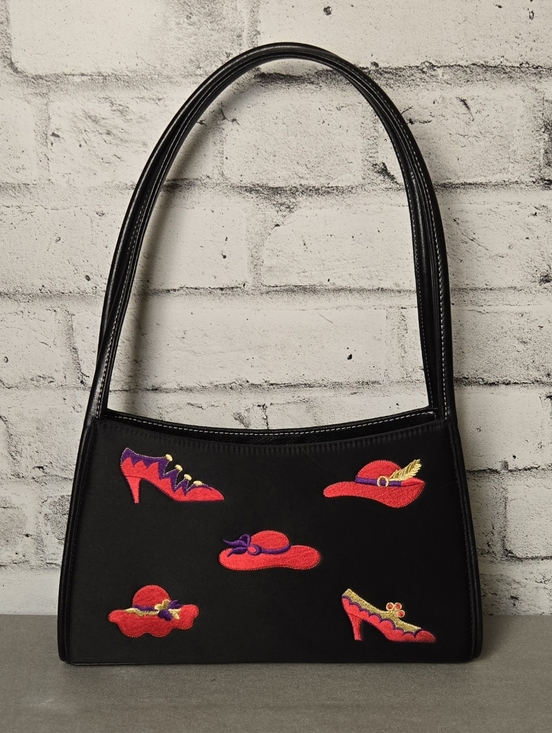 Handbags - Vintage Style Black Shoulder Bag Embroidered Shoes Hats Purse